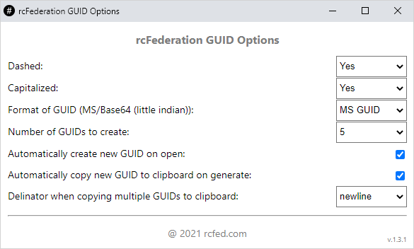 Settings for GUID Generator